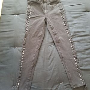 American Eagle Women's Jeans Black Skinny Lace Up Sides Corset Goth Size 4 Short